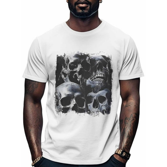 Skull Vintage Men's T Shirts T-Shirt for Men Crew Neck Tees Cotton Tops, White, L
