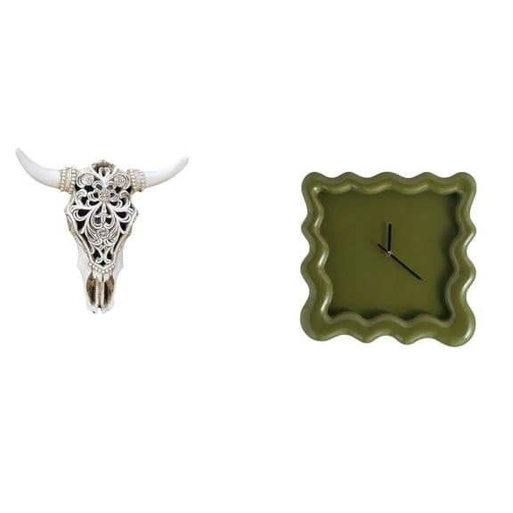 Skull Wall Sculpture Cow Head Wall Decor Wall Clock Unique Square Design Resin for Home Office Bathroom Bedroom