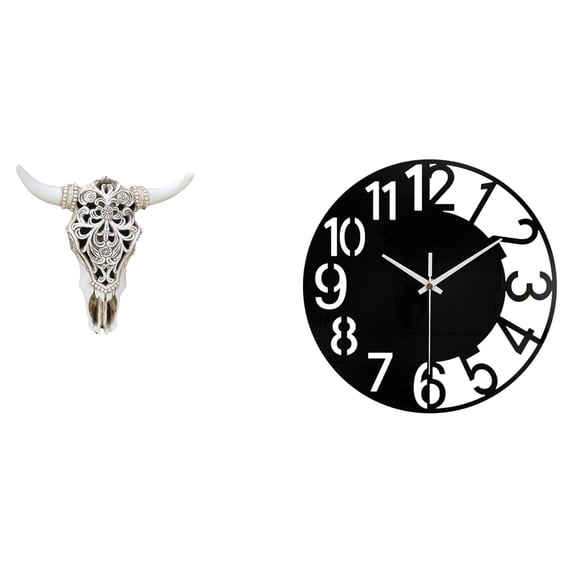 Skull Wall Sculpture Resin Cow Head Statue Large Acrylic Wall Clock Quiet Easy to Read for Farmhouse Corridor Hotel