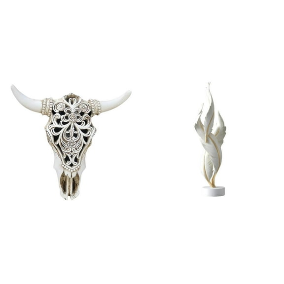 Skull Wall Sculpture Resin Cow Head Wall Decor Feather Sculpture Durable Ornament for Office Bedroom Farmhouse Spaces