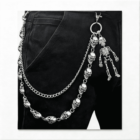 Skull Wallet Chains for Men Silver,Gothic Punk Pants Chain for Men,Cool Jean Chain Belt Accessory,Edgy Belt Pant Chains for Biker Motorcycle Festival Rave Outfits,One Size,Silver