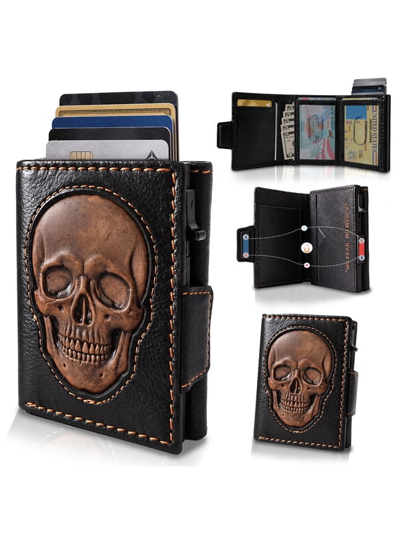 Skull Wallet for Men Pop Up RFID Leather Trifold, Tan