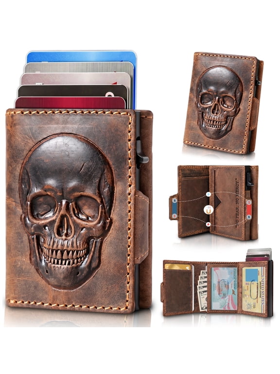 Skull Wallet for Men Pop Up RFID Leather Trifold, Tan