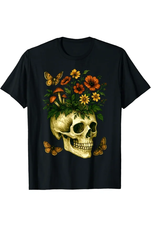 Skull Wildflower Cottage Core Goblincore Dark Academia T-Shirt Size S-5XL