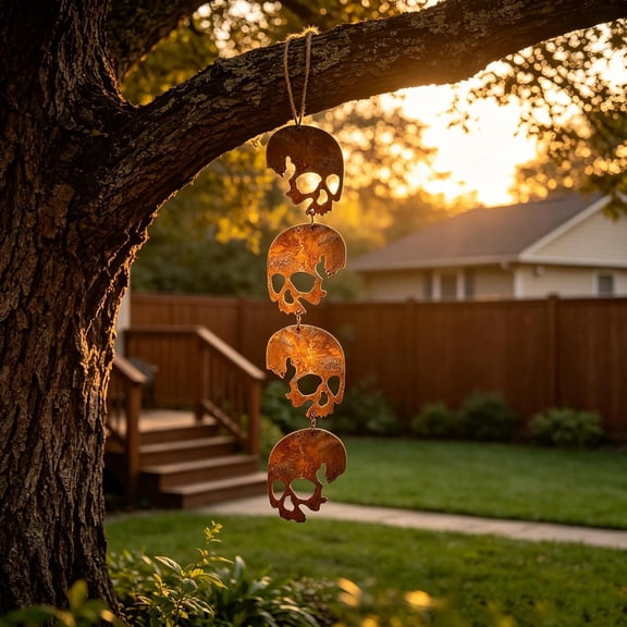 Skull Wind Chime Rusty Iron Outdoor Halloween Yard Decoration, Gothic Rustic Garden Hanging Ornament with Jute Rope for Porch Tree Patio(Q)