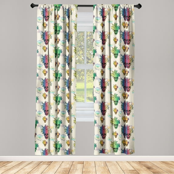 Skull Window Curtains, Colorful Rainbow Ombre Skeleton Heads with Exotic Flowers and Butterflies, Lightweight Decor 2-Panel Set with Rod Pocket, Pair of - 28"x63", Champagne Multicolor, by Ambesonne