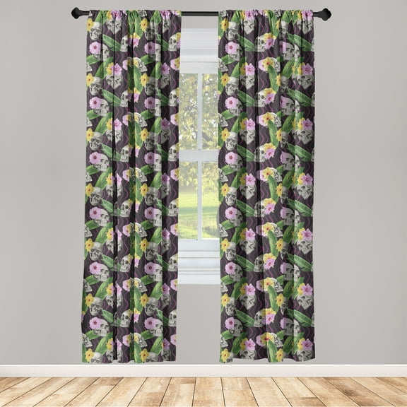 Skull Window Curtains, Skeleton Head with Hibiscus Flowers and Tropical Leaves on Wavy Stripes, Lightweight Decor 2-Panel Set with Rod Pocket, Pair of - 28"x63", Purple and Multicolor, by Ambesonne