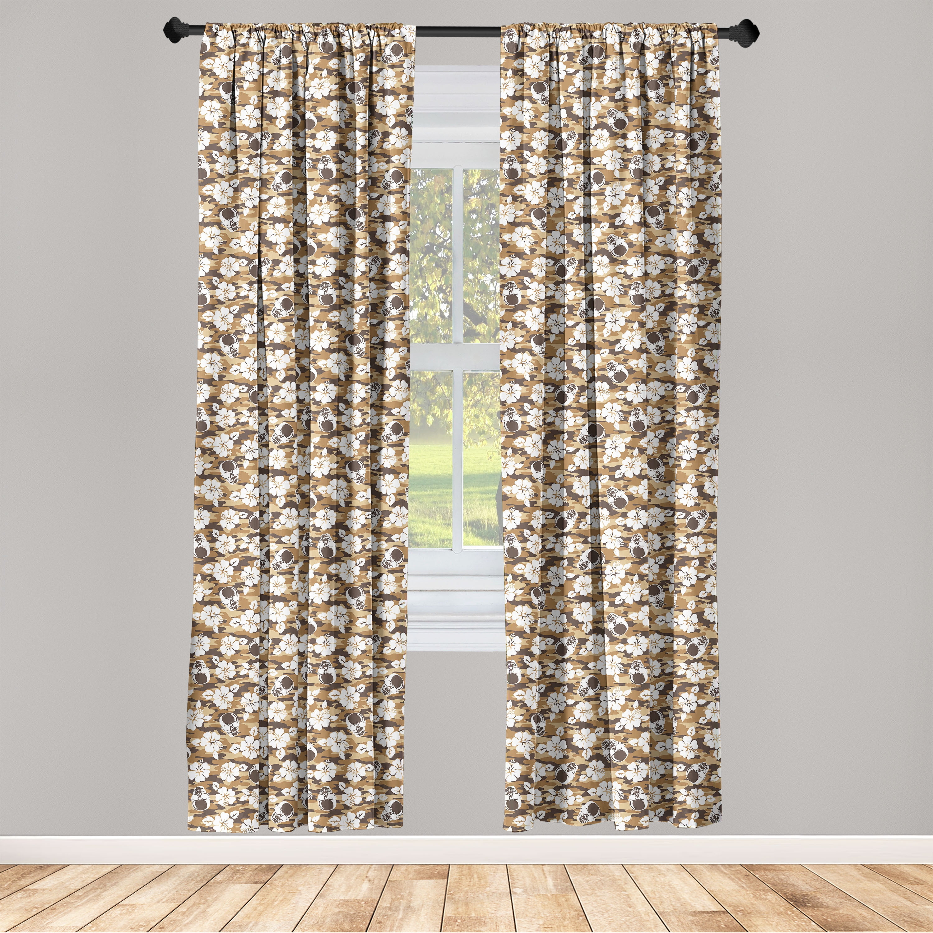 Earthy Window Screen Skull Window Curtains, Skeleton Heads in Sunglasses Hibiscus Flowers ...