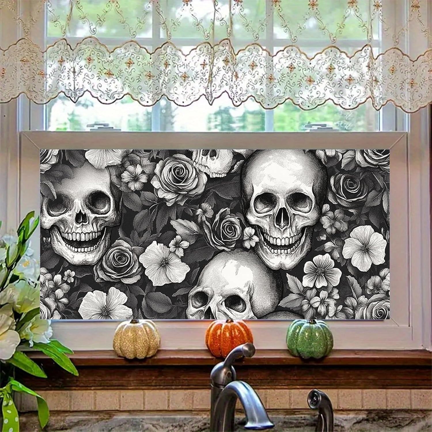 Skull Window Film 39.3x17.7 Inch Gothic Flower Window Cling Black White Skull Glass Sticker for Halloween Day of The Dead Removable Static Skull Windows Art Decoration