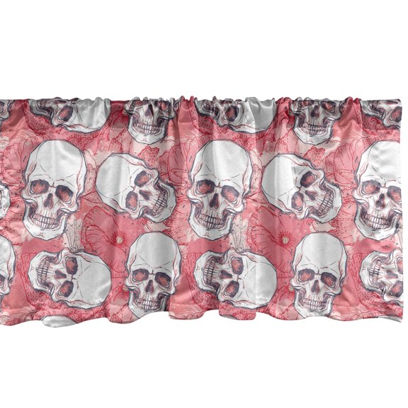 Skull Window Valance, Skeleton Heads and Meadow Blossoms Sketch Art Concept Modern Print, Curtain Valance for Kitchen Bedroom with Rod Pocket, 54" X 18", Coral and Dark Blue Grey, by Ambesonne
