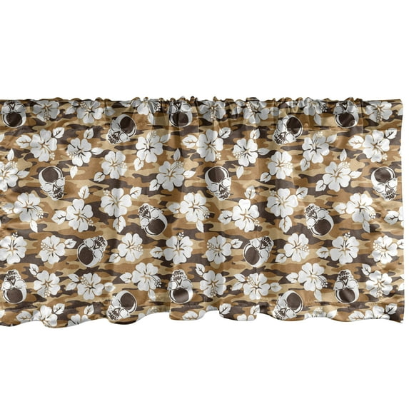 Skull Window Valance, Skeleton Heads in Sunglasses Hibiscus Flowers Ornament on Earthy Camo Print, Curtain Valance for Kitchen Bedroom with Rod Pocket, 54" X 18", White Brown Caramel, by Ambesonne