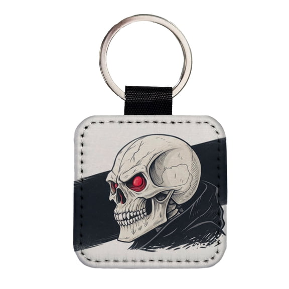 Skull With Red Eyes Menacing Faux Leather Square Keychain