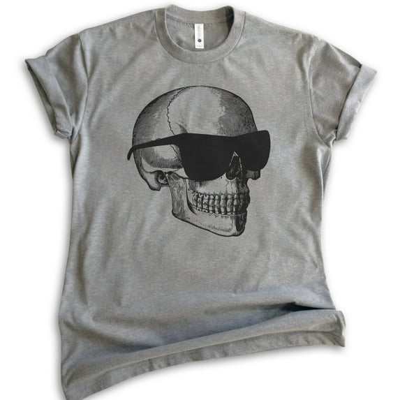Skull With Sunglasses Shirt, Unisex Women's Men's Shirt, Halloween Shirt, Skull Graphic Shirt, Dark Heather Gray, Medium