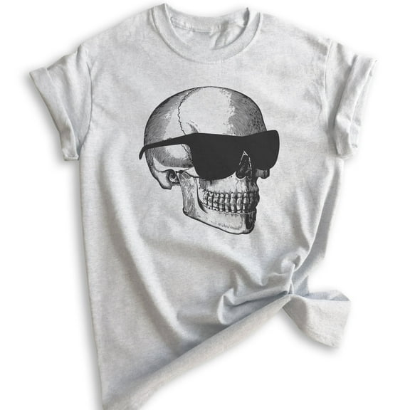 Skull With Sunglasses Shirt, Unisex Women's Men's Shirt, Halloween Shirt, Skull Graphic Shirt, Heather Ash, X-Small