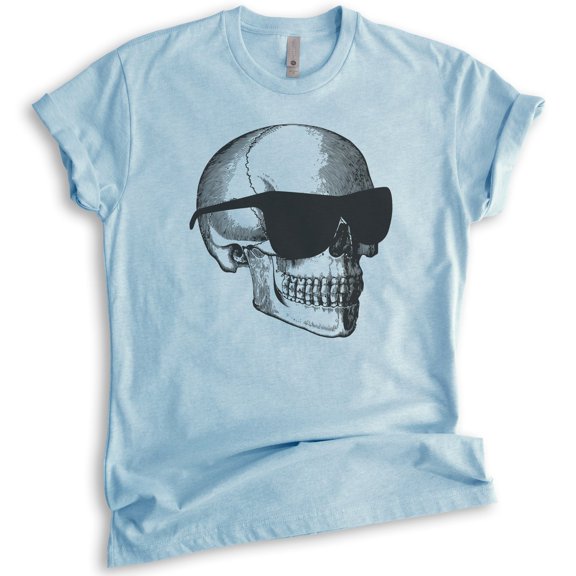 Skull With Sunglasses Shirt, Unisex Women's Men's Shirt, Halloween Shirt, Skull Graphic Shirt, Heather Light Blue, X-Small