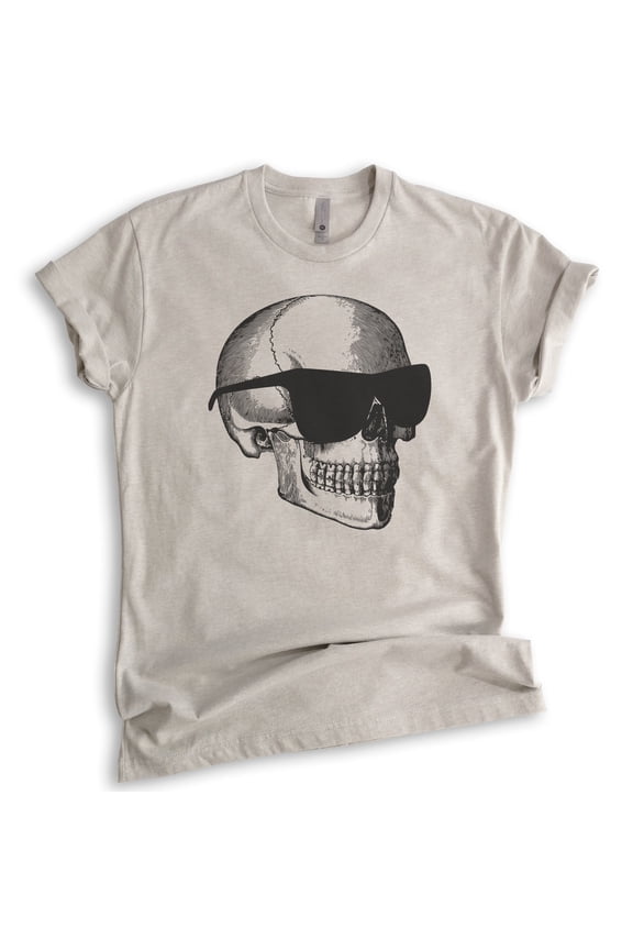 Skull With Sunglasses Shirt, Unisex Women's Men's Shirt, Halloween Shirt, Skull Graphic Shirt, Light Silk Gray, Medium