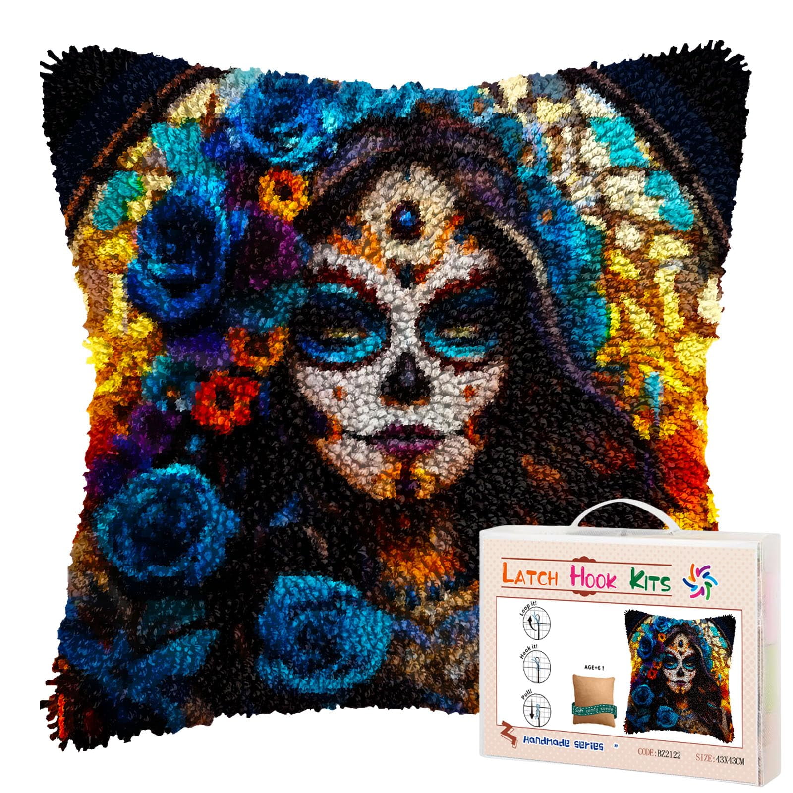 Skull Woman Beauty and Rose DIY Latch Hook Pillow Kits for Adults Printed Pillowcase Crochet Yarns Hooking Handmade Pillow Cover Cushion for Home Sofa Decoration 17x17inch