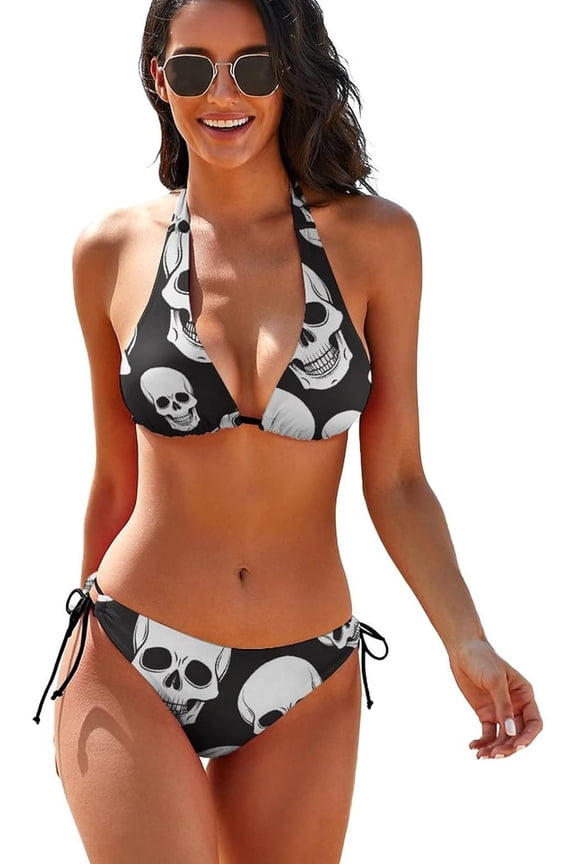 Skull Women Two Piece Swimsuit, Sexy Swimwear Halter, String Triangle Bikini Sets