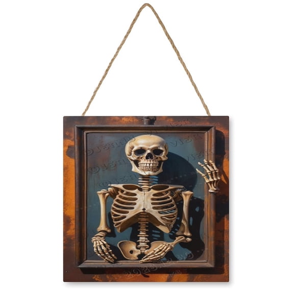 Skull Wooden Hanging Sign Gothic Room Decor Skeleton Wall Art Creepy Scary Picture All Saints' Day Decor Halloween Decoration Halloween Door Sign, Walls Hanging Decor 12"x12"