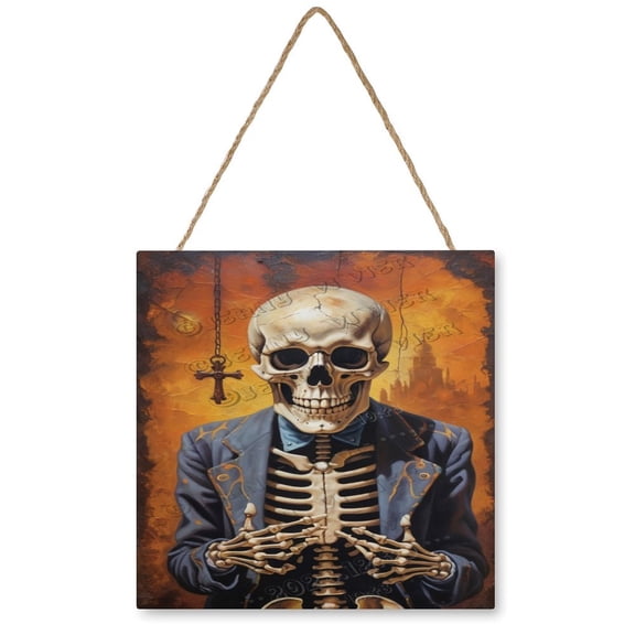 Skull Wooden Hanging Sign Skeleton Decor Horror Skeleton Wall Decor All Saints' Day Decor Halloween Decoration Halloween Door Sign, Walls Hanging Decor Holiday Party Supplies 12"x12"