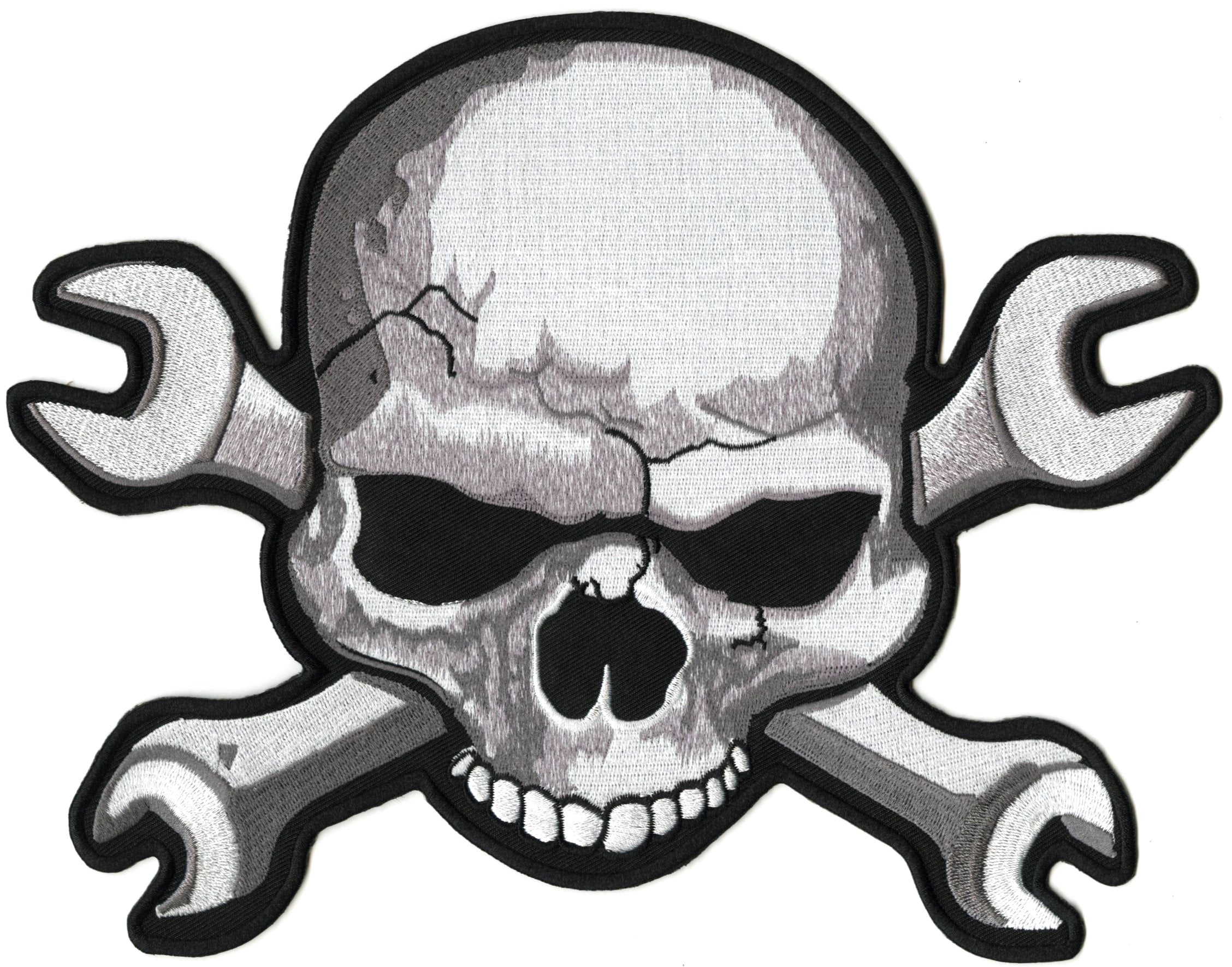 Skull & Wrench Crossbones Patch 11" | Realistic Large Skeleton Halfskull Embroidered Iron On Motorcycle Jacket Back Patch - by Nixon Thread Co.