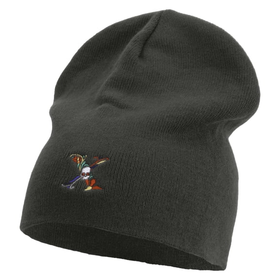Skull X Flower Embroidered Big Size Superior Cotton Short Knit Beanie - Grey XL-3XL
