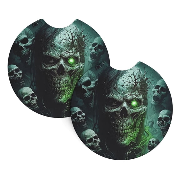 Skull Zombies Ghost Death Skulls Car Cup Holder Pad 2-Pack Neoprene Coasters for Auto Interior Waterproof Universal Fit for Most Vehicles