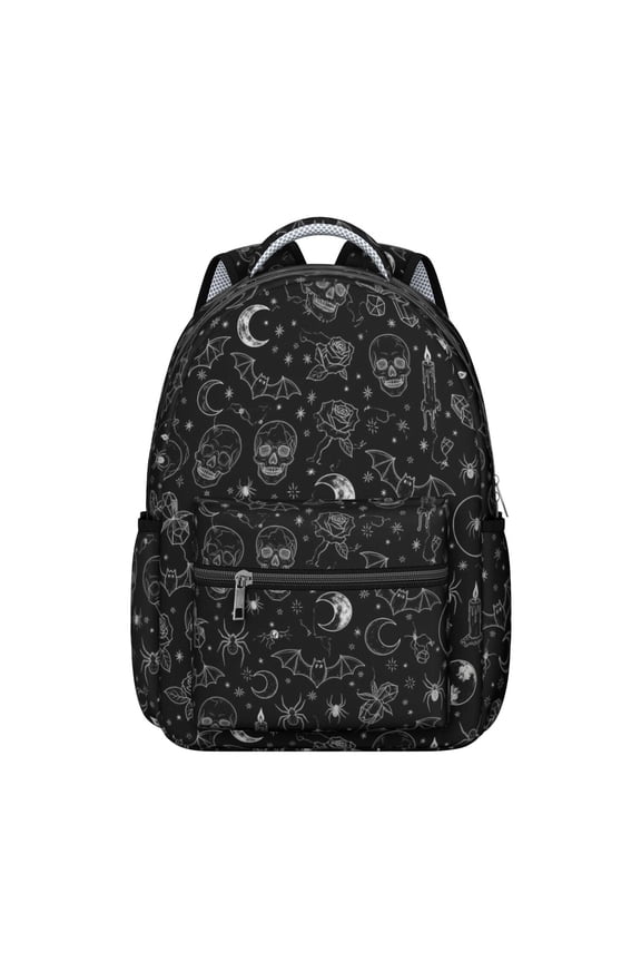 Skull and Bat Gothic Pattern Backpack for School, Cute School Bag with Adjustable Shoulder Straps and Padded Back, 15.3"x11"x7.1"