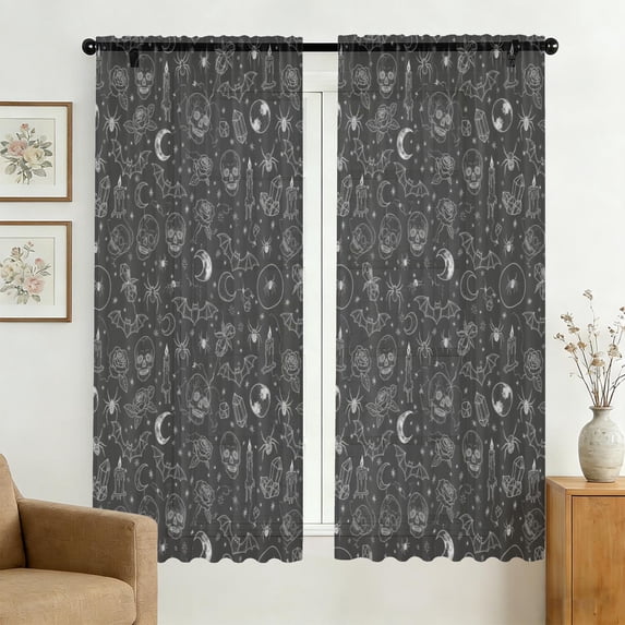 Skull and Bat Gothic Pattern Sheer Curtains, Rod Pocket Sheer Drapes ...