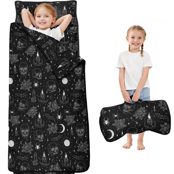 Skull and Bat Gothic Pattern Teens Toddler Nap Mat with Pillow, Sleeping Mat Bag for Preschool Daycare 59"x22"