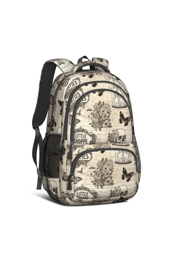 Skull and Bird Gothic Pattern Backpack for School, Cute School Bag with Adjustable Shoulder Straps and Padded Back, 16.9"x12.6"x5.9"