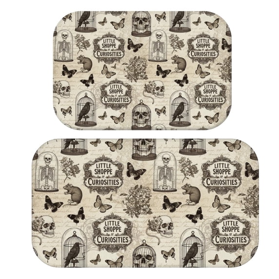 Skull and Bird Gothic Pattern Bath Mat Set Of 2,Non-Slip Rug for Bathroom,Kitchen,Bedroom,Entrance, 30x17 and 23.5x15.7 Inches