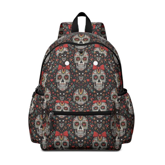 Skull and Bow Gothic Pattern Backpack for School, Cute School Bag with Adjustable Shoulder Straps and Padded Back, 13.4"x11"x4.7"