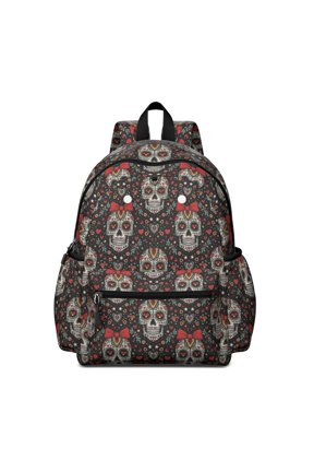 Skull and Bow Gothic Pattern Backpack for School, Cute School Bag with Adjustable Shoulder Straps and Padded Back, 13.4"x11"x4.7"
