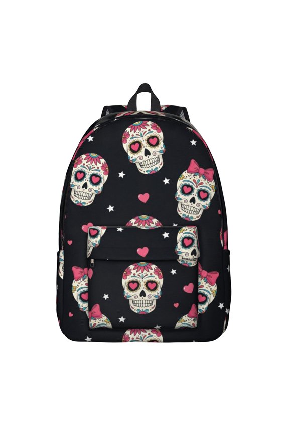 Skull and Bow Gothic Pattern Backpack for School, Cute School Bag with Adjustable Shoulder Straps and Padded Back, 15.7"x11.8"x5.5"