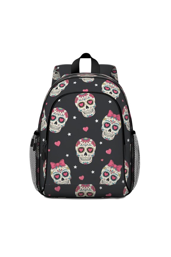 Skull and Bow Gothic Pattern Backpack for School, Cute School Bag with Adjustable Shoulder Straps and Padded Back, 15"x11.42"x5.5"