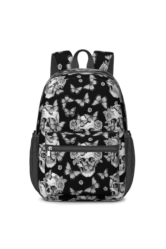 Skull and Butterfly Gothic Pattern 17" School Backpacks for Teens,Waterproof Oxford Fabric,S-Shape Padded Straps for School,Travel,Hiking,Camping