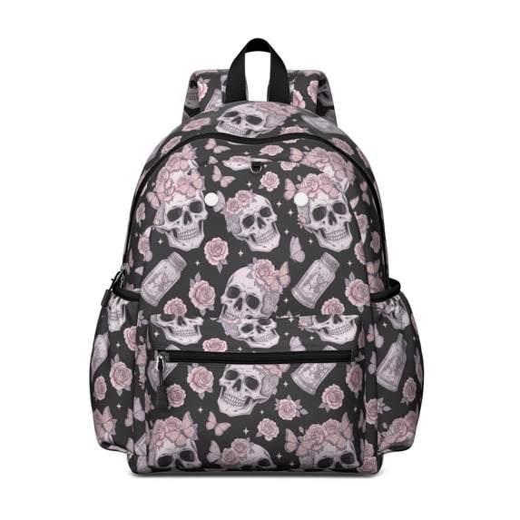 Skull and Butterfly Gothic Pattern Backpack for School, Cute School Bag with Adjustable Shoulder Straps and Padded Back, 13.4"x11"x4.7"
