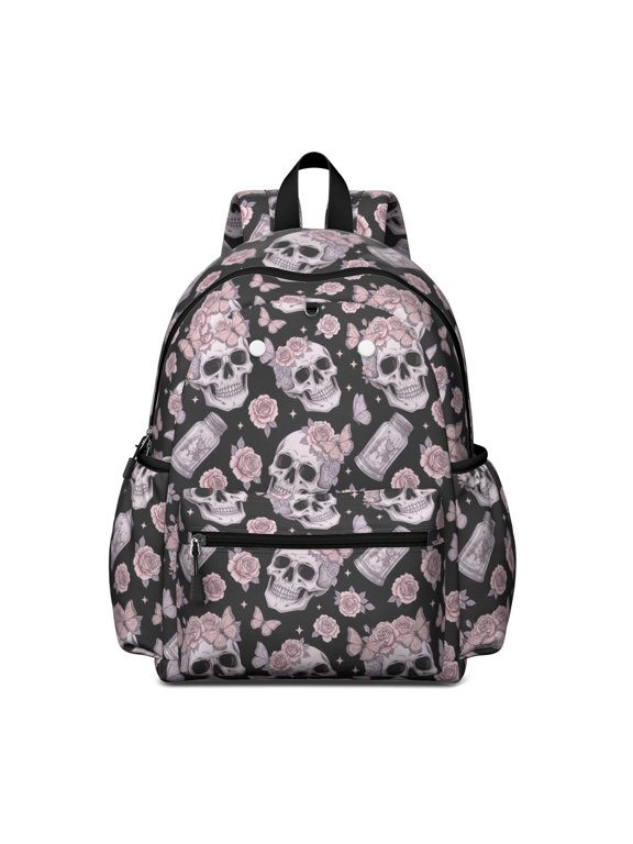 Skull and Butterfly Gothic Pattern Backpack for School, Cute School Bag with Adjustable Shoulder Straps and Padded Back, 13.4"x11"x4.7"