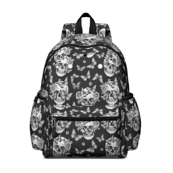 Skull and Butterfly Gothic Pattern Backpack for School, Cute School Bag with Adjustable Shoulder Straps and Padded Back, 13.4"x11"x4.7"