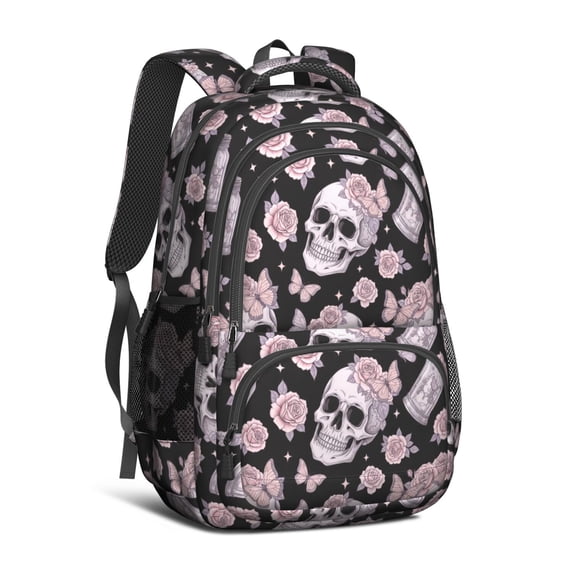 Skull and Butterfly Gothic Pattern Backpack for School, Cute School Bag with Adjustable Shoulder Straps and Padded Back, 16.9"x12.6"x5.9"