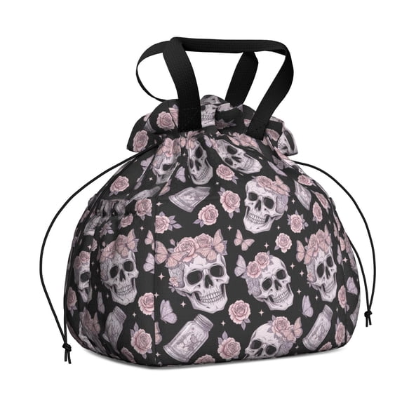 Skull and Butterfly Gothic Pattern Drawstring Insulated Lunch Bag for Women, Stain-Resistant Large Lunch Tote with Multi-Pockets for Work Office
