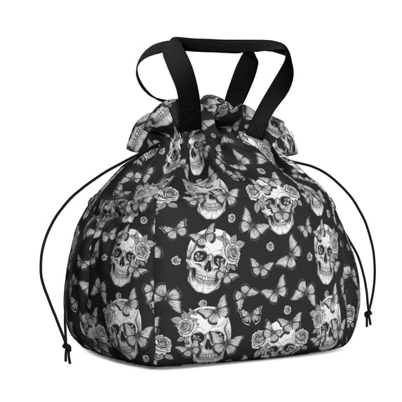Skull and Butterfly Gothic Pattern Drawstring Insulated Lunch Bag for Women, Stain-Resistant Large Lunch Tote with Multi-Pockets for Work Office