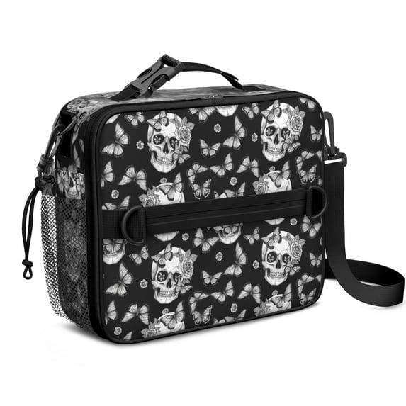 Skull and Butterfly Gothic Pattern Insulated Lunch Bag with Shoulder Strap and Bottle Holder,Bento School Lunch Bag Box,11x9.5x3.5 Inches