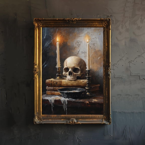 Skull and Candlelight Art Print Dark Academia Gothic Decor Moody Home Wall Art Antique Still Life