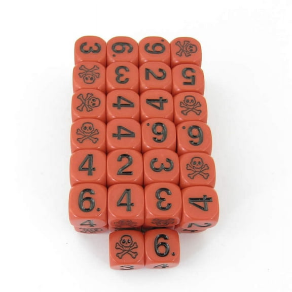 Skull and Cross Bones Dice Red with Black Large Numbers D6 15.8mm (5/8in) Pack of 50