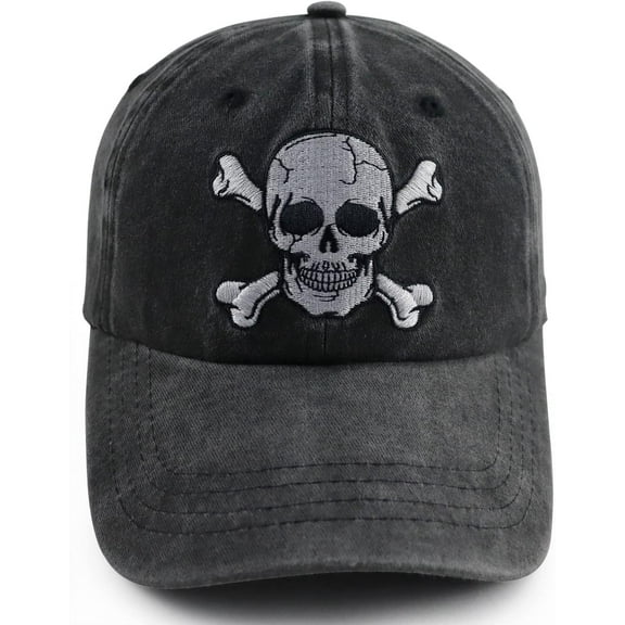 Skull and Crossbones Baseball Cap for Men Women, Funny Adjustable Washed Denim Cotton Embroidered Skeleton Hat