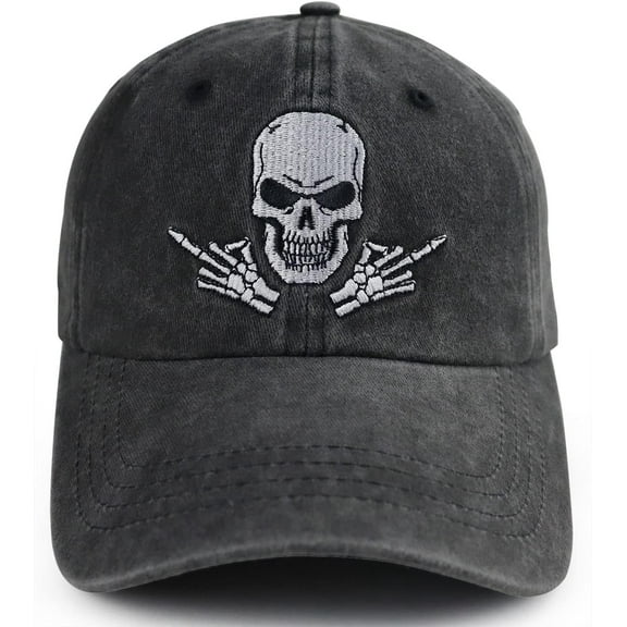 Skull and Crossbones Baseball Cap for Men Women, Funny Adjustable Washed Denim Cotton Embroidered Skeleton Hat