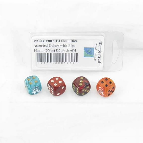 Skull and Crossbones Dice Assorted Colors with Pips 16mm (5/8in) D6 Pack of 4 Wondertrail