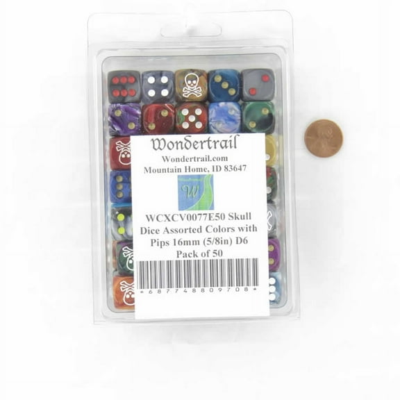 Skull and Crossbones Dice Assorted Colors with Pips 16mm (5/8in) D6 Pack of 50 Wondertrail